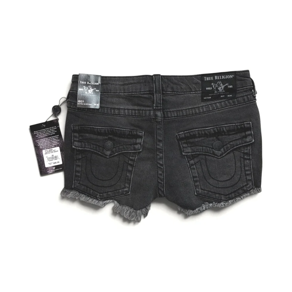 True Religion Joey Low Rise Cut Off Denim Shorts Moon Light Distressed Black 26